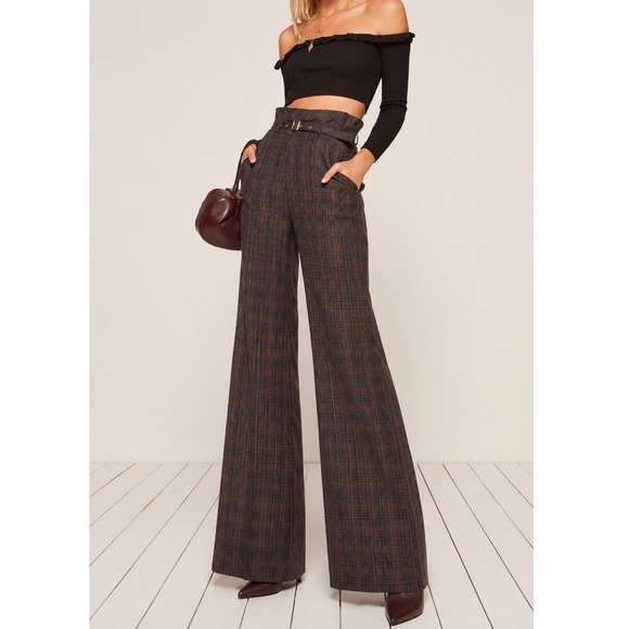 Reformation Pants - Reformation Belted Wide Leg Trouser Pants 2 Brown Plaid Dark Academia Career